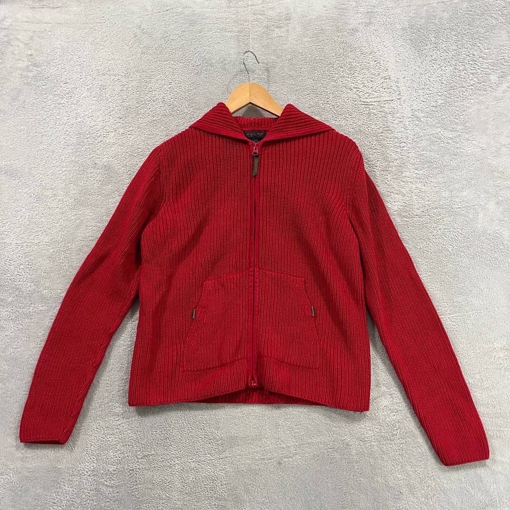 Ralph Lauren Hooded Sweater Womens Large Red Ribbed Knit Long Sleeve Full Zip
